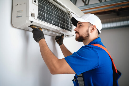 Air conditioning technician servicing a wall-mounted AC unit in Golden, CO