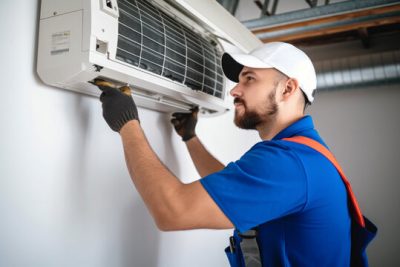 Air conditioning technician servicing a wall-mounted AC unit in Golden, CO