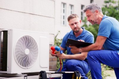 HVAC technicians reviewing an outdoor air conditioning unit in Golden, CO